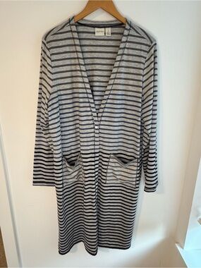 Chico's Zenergy Gray and Black Striped Long Duster Cardigan Knit Top  XL
